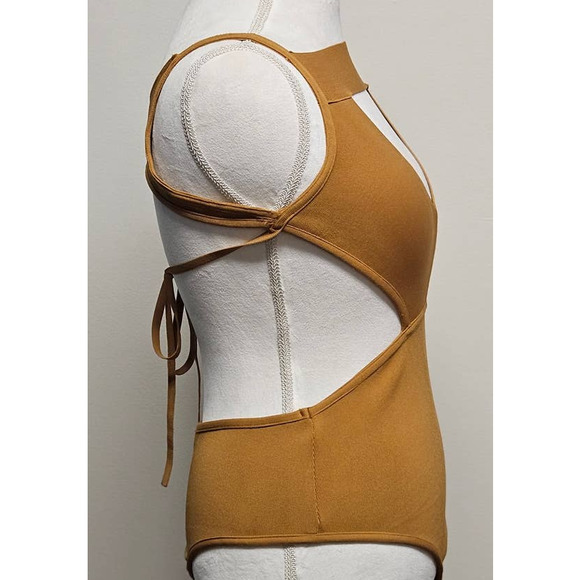 LuLus Yellow Gold BodySuit Leotard Snap Bottom Cutout Top Size Large - Picture 6 of 12